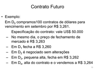19
Contrato Futuro
• Exemplo:
Em D0 compramos100 contratos de dólares para
vencimento em setembro por R$ 3,261.
Especificação do contrato: vale US$ 50.000
– No mesmo dia, o preço de fechamento de
mercado é R$ 3,263
– Em D1 fecha a R$ 3,260
– Em D2 é negociado sem alterações
– Em D3, pequena alta, fecha em R$ 3,262
– Em D4, alta do contrato e o vendemos a R$ 3,264
 