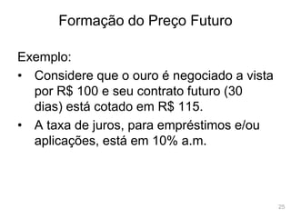 25
Formação do Preço Futuro
Exemplo:
• Considere que o ouro é negociado a vista
por R$ 100 e seu contrato futuro (30
dias) está cotado em R$ 115.
• A taxa de juros, para empréstimos e/ou
aplicações, está em 10% a.m.
 