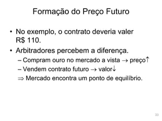 33
Formação do Preço Futuro
• No exemplo, o contrato deveria valer
R$ 110.
• Arbitradores percebem a diferença.
– Compram ouro no mercado a vista  preço
– Vendem contrato futuro  valor
 Mercado encontra um ponto de equilíbrio.
 