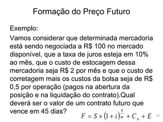 39
Formação do Preço Futuro
Exemplo:
Vamos considerar que determinada mercadoria
está sendo negociada a R$ 100 no mercado
disponível, que a taxa de juros esteja em 10%
ao mês, que o custo de estocagem dessa
mercadoria seja R$ 2 por mês e que o custo de
corretagem mais os custos da bolsa seja de R$
0,5 por operação (pagos na abertura da
posição e na liquidação do contrato).Qual
deverá ser o valor de um contrato futuro que
vence em 45 dias?
  E
C
i
S
F n
m
n




 1
 