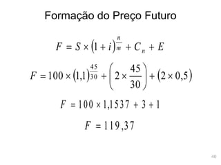 40
Formação do Preço Futuro
  E
C
i
S
F n
m
n




 1
   
5
,
0
2
30
45
2
1
,
1
100 30
45












F
1
3
1537
,
1
100 



F
37
,
119

F
 