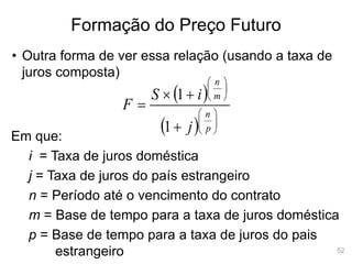 52
Formação do Preço Futuro
• Outra forma de ver essa relação (usando a taxa de
juros composta)
Em que:
i = Taxa de juros doméstica
j = Taxa de juros do país estrangeiro
n = Período até o vencimento do contrato
m = Base de tempo para a taxa de juros doméstica
p = Base de tempo para a taxa de juros do pais
estrangeiro
 
  

















p
n
m
n
j
i
S
F
1
1
 