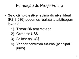 61
Formação do Preço Futuro
• Se o câmbio estiver acima do nível ideal
(R$ 3,086) podemos realizar a arbitragem
inversa:
1) Tomar R$ emprestado
2) Comprar US$
3) Aplicar os US$
4) Vender contratos futuros (principal +
juros)
 