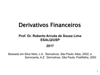 1
1
Derivativos Financeiros
Prof. Dr. Roberto Arruda de Souza Lima
ESALQ/USP
2017
Baseado em Silva Neto, L.A. Derivativos. São Paulo: Atlas, 2002; e,
Sanvicente, A.Z. Derivativos. São Paulo: Publifolha, 2003
 