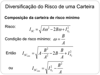 Diversificação do Risco de uma Carteira
Composição da carteira de risco mínimo
Risco: 2
2
2
2 S
SC I
B
A
I 

 w
w
Condição de risco mínimo:
A
B

w
Então 2
2
2
2
min
2 S
SC I
A
B
B
A
B
A
I 




ou
A
B
I
I S
SC
2
2
2
min


 