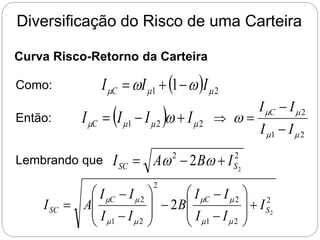 Diversificação do Risco de uma Carteira
Curva Risco-Retorno da Carteira
Como:   2
1 1 

 w
w I
I
I C 


Então:   2
2
1 


 w I
I
I
I C 


2
1
2




w
I
I
I
I C




Lembrando que 2
2
2
2 S
SC I
B
A
I 

 w
w
2
2
1
2
2
2
1
2
2
2 S
C
C
SC I
I
I
I
I
B
I
I
I
I
A
I 






























 