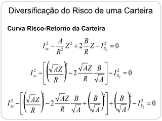 Diversificação do Risco de uma Carteira
Curva Risco-Retorno da Carteira
0
2 2
2
2
2
2



 S
sc I
Z
R
B
Z
R
A
I
  0
2 2
2
2
2











 S
sc I
A
B
R
Z
A
R
Z
A
I
      0
2 2
2
2
2
2
2













 S
sc I
A
B
A
B
A
B
R
Z
A
R
Z
A
I
 