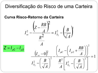 Diversificação do Risco de uma Carteira
Curva Risco-Retorno da Carteira
   
A
B
I
A
R
A
RB
Z
I S
sc
2
2
2
2
2
2




  1
0
2
2
2
2
2
2
2
2
2
2







































A
B
I
A
R
A
RB
I
I
A
B
I
I
S
C
S
sc


2

 I
I
Z C 

 