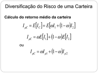 Diversificação do Risco de uma Carteira
Cálculo do retorno médio da carteira
   
 
2
1 1 I
I
E
I
E
I C
C w
w
 



     
2
1 1 I
E
I
E
I C w
w
 


ou
  2
1 1 

 w
w I
I
I C 


 