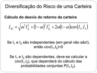 Diversificação do Risco de uma Carteira
Cálculo do desvio do retorno da carteira
Se I1 e I2 são independentes (em geral não são!),
então cov(I1,I2)=0
     
2
1
2
2
2
2
,
cov
1
2
1 2
1
I
I
I
I
I S
S
SC w
w
w
w 




Se I1 e I2 são dependentes, deve-se calcular a
cov(I1,I2), que dependerá do cálculo das
probabilidades conjuntas P(I1,I2).
 