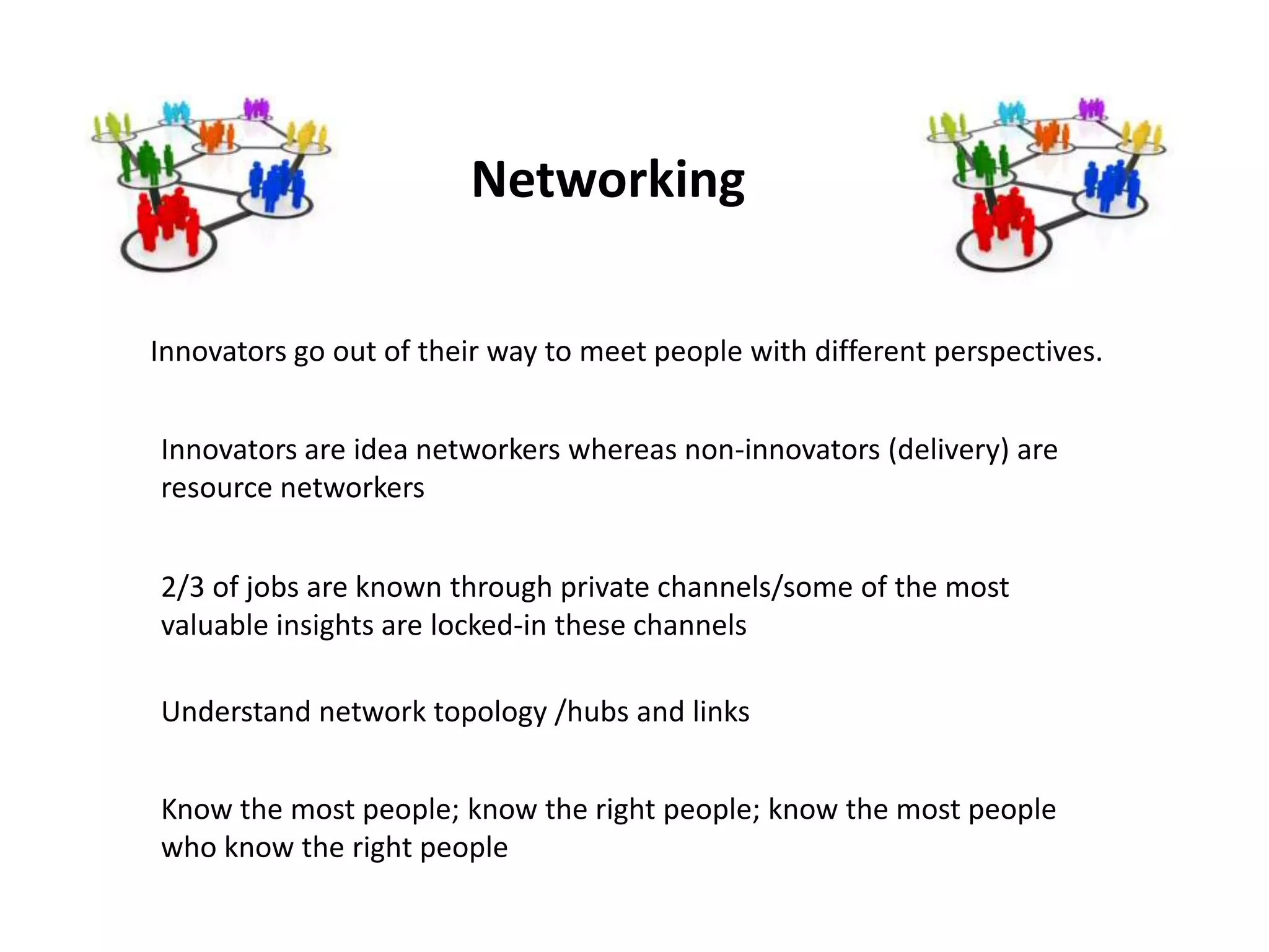 Networking

Innovators go out of their way to meet people with different perspectives.


Innovators are idea networkers whereas non-innovators (delivery) are
resource networkers


2/3 of jobs are known through private channels/some of the most
valuable insights are locked-in these channels

Understand network topology /hubs and links


Know the most people; know the right people; know the most people
who know the right people
 