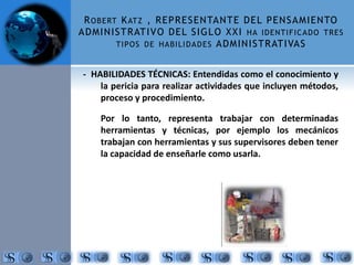 ROBERT KATZ , REPRESENTANTE DEL PENSAMIENTO 
ADMINISTRATIVO DEL SIGLO XXI HA IDENTIFICADO TRES 
TIPOS DE HABILIDADES ADMINISTRATIVAS 
- HABILIDADES TÉCNICAS: Entendidas como el conocimiento y 
la pericia para realizar actividades que incluyen métodos, 
proceso y procedimiento. 
Por lo tanto, representa trabajar con determinadas 
herramientas y técnicas, por ejemplo los mecánicos 
trabajan con herramientas y sus supervisores deben tener 
la capacidad de enseñarle como usarla. 
 