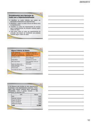28/05/2013
12
34
Procedimentos para Apuração do
Custo com a Departamentalização
1) Identificar os custos indiretos que podem ser
apropriados diretamente aos departamentos.
2) Identificar e ratear os custos comuns da fábrica entre
os departamentos.
3) Transferir os custos dos departamentos de serviços
para os departamentos de produção mediante algum
critério de rateio.
4) Após alocar todos os custos aos departamentos de
produção, eles devem ser transferidos aos produtos
mediante algum critério de rateio.
35
Alguns Critérios de Rateio:
Custo indiretos de
fabricação ou indiretos em
relação aos departamentos
Critério de rateio para
transferir os CIFs para os
departamentos
Iluminação da fábrica Área ocupada, número de pontos
de luz ou lâmpadas
Energia elétrica Quilowatt-hora consumido
Mão de obra indireta Horas trabalhadas, número de
funcionários
Gastos com a fábrica como
aluguel, depreciação, seguros e
material de limpeza
Área ocupada
Material Indireto Área ocupada
Manutenção das máquinas Horas-máquina trabalhadas
36
A Cia Ararauna está dividida em dois departamentos
de serviços e dois departamentos produtivos. Tendo,
assim, cinco setores: gerência geral, manutenção,
almoxarifado, corte e prensa. Durante o mês
apresentou os seguintes CIFs:
CIFs Valores
MOD 7.000
Materiais Indiretos 2.000
Aluguel da fábrica 6.000
Seguro da fábrica 1.000
Material de limpeza 1.000
Total 17.000
 