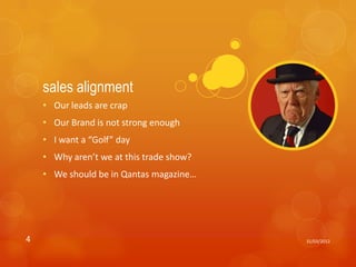 sales alignment
    • Our leads are crap
    • Our Brand is not strong enough
    • I want a “Golf” day
    • Why aren’t we at this trade show?
    • We should be in Qantas magazine…




4                                         31/03/2012
 