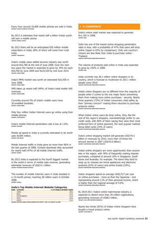 Every hour around 10,000 mobile phones are sold in India.                                     ❚ e-CoMMeRCe
(SoURCe: DiGitAL eConoMy fACtBooK)


                                                                                            India's online retail market was expected to generate
By 2012 is estimates that nearly half a billion Indian youth                                Rs1,105 in 2008.
will own a mobile phone.                                                                    (SoURCe: eBS)

(SoURCe: MoBiLe-yoUth)


                                                                                            India has one of the lowest online shopping penetration
By 2012 there will be an anticipated 650 million mobile                                     rates in Asia, with a probability of 47% that users will shop
subscribers in India, 60% of which will come from rural                                     online (Japan is 83% by comparison). Only one country's
India.                                                                                      citizens are less likely than India to purchase online -
(SoURCe: tRenDSniff)
                                                                                            Thailand.
                                                                                            (SoURCe: MASteRCARD WoRLDWiDe inSiGhtS)


India's mobile value added services industry was worth
around Rs5,780 at the end of June 2008. Over the next                                       The volume of products sold online in India was expected
two years the market is expected to grow by 70% tor each                                    to grow by 150% in 2008.
Rs9,760 by June 2009 and Rs16,520 by end June 2010.                                         (SoURCe: eBS)

(SoURCe: iAMAi/iMRB)


                                                                                            India currently has 28.1 million online shoppers in its
India's MMS market was worth an estimated Rs5,930 in                                        country, which is forecast to mushroom to 203.1 million
June 2008.                                                                                  people come 2010.
(SoURCe: iAMAi/iMRB)                                                                        (SoURCe: MASteRCARD WoRLDWiDe inSiGhtS)


SMS takes up nearly half (49%) of India's total mobile VAS
revenues.                                                                                   Indian online shoppers are no different from the majority of
(SoURCe: iAMAi/iMRB)
                                                                                            people when it comes to the one major factor preventing
                                                                                            them from making more online purchases - security. Nearly
Currently around 5% of India's mobile users have                                            three quarters (73%) of Indian consumers cited safety as
3G-enabled handsets.                                                                        their primary concern making them reluctant to purchase
(SoURCe: iAMAi/iMRB)
                                                                                            products online.
                                                                                            (SoURCe: MASteRCARD WoRLDWiDe inSiGhtS)


Only four million Indian Internet users go online using their
mobile phones.                                                                              When Indian online users do shop online, they, like the
(SoURCe: jUxtConSULt)
                                                                                            rest of the region's shoppers, overwhelmingly prefer to use
                                                                                            credit cards, with 60% of them saying they were their most
India's mobile Internet penetration rate is low at 1.8%.                                    preferred form of online payment, the next popular method
(SoURCe: nieLSen)
                                                                                            being debit cards (24% of users)
                                                                                            (SoURCe: MASteRCARD WoRLDWiDe inSiGhtS)


Mobile ad spend in India is currently estimated to be worth
upto Rs300 million.                                                                         India's online shopping market will generate US$734.3
(SoURCe: DnA inDiA)
                                                                                            billion in revenues by 2010, more than 10 times the
                                                                                            amount earned in 2007 (US$70.8 billion).
Mobile Internet traffic in India grew by more than 90% in                                   (SoURCe: MASteRCARD WoRLDWiDe inSiGhtS)


the last quarter of 2008. Content download sites accounted
for nearly half (47%) of all mobile Internet traffic.                                       Indian online shoppers are more opportunistic than anyone
(SoURCe: MKhoj)
                                                                                            else in the region, with 30% of frequently making impulse
                                                                                            purchases, compared to around 10% in Singapore, South
By 2012 India is expected to the fourth biggest market                                      Korea and Australia, for example. The items they tend to
in the world in terms of mobile data revenue, generating                                    snap up on impulse are home appliances and electronic
estimated revenues of US$14.1 billion.                                                      products (63% of users) and airline tickets (54%).
(SoURCe: PyRAMiD ReSeARCh/MKhoj)                                                            (SoURCe: MASteRCARD WoRLDWiDe inSiGhtS)




The number of mobile Internet users in India doubled in                                     Indian shoppers spend on average US$2,517 per year
a 12-month period, reaching 38 million users in October                                     on online purchases - more so than the Japanese - and
2008.                                                                                       representing around 11% of their personal income, which
(SoURCe: MKhoj)
                                                                                            is higher than the regional average of 9.8%.
                                                                                            (SoURCe: MASteRCARD WoRLDWiDe inSiGhtS)

india's top Mobile internet Website Categories
RAnK    CAteGoRy                                              % of MoBiLe inteRnet USeRS
1       GAMES                                                                       (38%)   By 2010-2011 India's online matrimonial industry is
2       EMAIL                                                                       (33%)
3       ENTERTAINMENT                                                               (21%)
                                                                                            expected to attract more than 20 million registrations,
4       MUSIC                                                                       (18%)   generating revenues of US$63 million.
5       SPORTS                                                                      (15%)   (SoURCe: CioL.CoM/eMPoWeR ReSeARCh)
(SoURCe: nieLSen, MoBiLe MeDiA MARKetPLACe RePoRt - BRiC, US, eURoPe, q 2008)



                                                                                            Nearly two thirds (65%) of Indian online shoppers have
                                                                                            bought a travel product online.
                                                                                            (SoURCe: jUxtConSULt)




                                                                                                                                      asia pacific digital marketing yearbook 
 