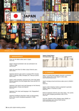 jAPAn




Shinjuku, Tokyo



                                                                        japan's email Users
          ❚ DeMoGR APhiCS                                               totAL UniqUe ViSitoRS (000)                                    Min UteS PeR ViSitoR
                                                                                                noV            noV                     noV noV
                                                                                               2007           2008     % ChAnGe       2007 2008 % ChAnGe
        There are 94 million online users in Japan.                     totAL AUDienCe       26,49          2,96        22%         67.7 84.7          25%
        (SoURCe: BtRAx)
                                                                        PeRSonS - AGe
                                                                        PERSONS: 15-24         5,289           4,900         -7%        70.3      46.1   -34%
                                                                        PERSONS: 25-34         7,307           7,557          3%        57.8      63.9    11%
        Japan's Internet penetration rate was estimated to be           PERSONS: 35-44         5,568           7,386         33%        63.8      80.0    26%
        73.8% in 2008.                                                  PERSONS: 45-54         4,576           5,511         20%        51.8     107.6   108%
        (SoURCe: oGiLVyone)                                             PERSONS: 55+           3,753           7,042         88%       108.7     120.6    11%
                                                                        (SoURCe: CoMSCoRe WoRLD MetRix; AUDienCe: AGe 5+ hoMe/WoRK LoCAtionS)




        Japan has more than 62 million unique Internet users.
        (SoURCe: CoMSCoRe)


                                                                          ❚ e-CoMMeRCe
        Japanese Internet users spent on average 979.5 minutes
        online in February 2009, averaging 36.1 visits per person.      Japan is currently Asia's biggest consumer e-commerce
        (SoURCe: CoMSCoRe)
                                                                        market, taking 62% of the region's online sales.
                                                                        (SoURCe: MASteRCARD WoRLDWiDe inSiGhtS)


        Japan's online population represents 6% of the total global
        Internet audience, the third largest after China and the U.S.   Japan's average annual ecommerce sales come to US$38.4
        (SoURCe: CoMSCoRe)
                                                                        billion.
                                                                        (SoURCe: BtRAx)


        Japanese is the fourth most used language on the Internet,
        behind English, Chinese and Spanish.                            Japan's online shopping market is projected to generate
        (SoURCe: BtRAx)
                                                                        US$58.3 billion in revenues in 2010.
                                                                        (SoURCe: BtRAx)


        Japanese is the most used language in the blogosphere.
        (SoURCe: oGiLVyone)
                                                                        Nearly all Japanese Internet users shop online - the country
                                                                        has an online shopping penetration rate of 97%.
        Japanese broadband subscribers made up approximately            (SoURCe: BtRAx)


        8.5% of the world's broadband population in 2009.
        (SoURCe: tMCnet)
                                                                        Last year, Japanese online shoppers spent US$581 on
                                                                        online purchases over a three month period.
                                                                        (SoURCe: MASteRCARD WoRLDWiDe inSiGhtS)




 8 asia pacific digital marketing yearbook
 