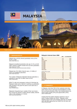 MALAySiA




Kuala Lumpur



          ❚ DeMoGR APhiCS                                                  Malaysia's internet Users 2008
                                                                                                                                          (000)     % of PoPULAtion
                                                                           SEx
        Malaysia has a 62.8% Internet penetration rate up from             MALE                                                           1,768                     59.6%
        48.7% in 2007.                                                     FEMALE                                                         1,199                     40.4%
        (SoURCe: inteRnet WoRLD StAtS)                                     AGE 15-19 YEARS                                                  661                     22.3%
                                                                           20-24 YEARS                                                      645                     21.7%
                                                                           25-29 YEARS                                                      479                     16.1%
                                                                           30-34 YEARS                                                      357                       12%
        Malaysia's broadband penetration rate was 21.1% as of Q4           35-39 YEARS                                                      248                      8.4%
        2008, marking a sizable increase from Q3 when penetration          40-44 YEARS                                                      196                      6.6%
        rates stood at 17.5%.                                              45-49 YEARS                                                      170                      5.7%
        (SoURCe: the MALAySiAn CoMMUniCAtionS AnD MULtiMeDiA CoMMiSSion)   50-54 YEARS                                                      120                        4%
                                                                           55-59 YEARS                                                       49                      1.7%
                                                                           OVER 60 YEARS                                                     42                      1.4%

        Malaysia has 15.9 million Internet users, 1.4 million of           AVERAGE MONTHLY INCOME
        which are broadband subscribers.                                   RM1-1,000                                                        166                      5.6%
        (SoURCe: inteRnet WoRLD StAtS)                                     RM1001-2,000                                                     453                     15.3%
                                                                           RM2001-3,000                                                     648                     21.8%
                                                                           RM3001-4,000                                                     400                     13.5%
        The number of Malaysian dedicated Internet subscribers is          RM4001-5,000                                                     298                       10%
                                                                           OVER RM5,000                                                     998                     33.6%
        expected to reach the 10 million mark by 2012.                     NOT DISCLOSED                                                      4                      0.1%
        (SoURCe: teLeKoM MALAySiA)                                         (SoURCe: nieLSen MeDiA inDex MALAySiA; PASt WeeK inteRnet USeRS AGeD 5+ in PeninSULAR
                                                                           MALAySiA)



        While TV, radio and newspapers continue to dominate the
        Malaysian media scene, Internet is catching up, penetration
        rates doubling in the past five years to now reach two in            ❚ e-CoMMeRCe
        10 Malaysians.
        (SoURCe: the nieLSen CoMPAny)
                                                                           In Malaysia, more than 50% of the customers who shop
                                                                           online tend to rely on personal recommendations to make
        Malaysians frequently log on outside of their own homes -          their purchasing decisions. Other main deciding factors are
        81% access the Internet in public Internet outlets, Internet       search engine results (37%) and special offers (34%).
        cafes, in the workplace or in school.                              (SoURCe: the nieLSen CoMPAny)

        (SoURCe: oMniCoM MeDiA GRoUP/yAhoo!)


                                                                           Creating that first positive shopping experience is key in
                                                                           order to capture loyalty and money - Malaysian online
                                                                           shoppers tend to stick to the shopping sites they are familiar
                                                                           with, with 60% saying they buy mostly from the same site.
                                                                           (SoURCe: the nieLSen CoMPAny)




 42 asia pacific digital marketing yearbook
 