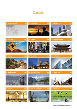Contents

❚ ASiA PACifiC    6   ❚ inDoneSiA         6   ❚ SinGAPoRe                          54




❚ AUStR ALiA     0   ❚ jAPAn             8   ❚ SoUth KoReA                        58




❚ ChinA          6   ❚ MALAySiA          42   ❚ tAiWAn                             62




❚ honG KonG      24   ❚ neW ZeALAnD       46   ❚ thAiLAnD                           66




❚ inDiA          0   ❚ the PhiLiPPineS   50   ❚ VietnAM                            70




                                               asia pacific digital marketing yearbook 
 