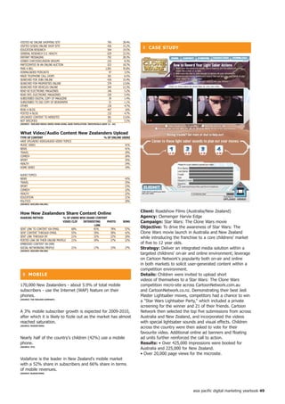 VISITED NZ ONLINE SHOPPING SITE                                             795       28.4%
VISITED O/SEAS ONLINE SHOP SITE                                             426       15.2%
EDUCATION RESEARCH                                                          544       19.5%
                                                                                               ❚ CASe StUDy
GENERAL RESEARCH E.G. HEALTH                                                629       22.5%
INSTANT MESSAGING                                                           792       28.3%
JOINED CHAT/DISCUSSION GROUPS                                               232        8.3%
PARTICIPATED IN AN ONLINE AUCTION                                           523       18.7%
PAID A BILL                                                               1,001       35.8%
DOWNLOADED PODCASTS                                                          97        3.5%
MADE TELEPHONE CALL (VOIP)                                                  181        6.5%
SEARCHED FOR JOBS ONLINE                                                    430       15.4%
SEARCHED FOR PROPERTIES ONLINE                                              379       13.6%
SEARCHED FOR VEHICLES ONLINE                                                344       12.3%
READ NZ ELECTRONIC MAGAZINES                                                146        5.2%
READ INTL ELECTRONIC MAGAZINES                                              150        5.4%
SUBSCRIBED DIGITAL COPY OF MAGAZINE                                          39        1.4%
SUBSCRIBED TO DIG COPY OF NEWSPAPER                                          31        1.1%
OTHER                                                                       130        4.7%
READ A BLOG                                                                 447         16%
POSTED A BLOG                                                               132        4.7%
UPLOADED CONTENT TO WEBSITES                                                381       13.6%
NOT SPECIFIED                                                               152        5.5%
(SoURCe : nieLSen MeDiA inDex honG KonG; BASe PoPULAtion: inDiViDUALS AGeD 2 - 64)




What Video/Audio Content new Zealanders Upload
tyPe of Content                                                         % of onLine USeRS
HAVE UPLOADED VIDEO/AUDIO VIDEO TOPICS
MUSIC VIDEO                                                                            41%
NEWS                                                                                   41%
TRAVEL                                                                                 29%
COMEDY                                                                                 26%
SPORT                                                                                  25%
HEALTH                                                                                 24%
HOME VIDEO                                                                             19%

AUDIO TOPICS
NEWS                                                                                   42%
TRAVEL                                                                                 25%
SPORT                                                                                  23%
COMEDY                                                                                 22%
HEALTH                                                                                 22%
EDUCATION                                                                              21%
POLITICS                                                                               20%
(SoURCe: nieLSen onLine)


                                                                                              Client: Roadshow Films (Australia/New Zealand)
how new Zealanders Share Content online
ShARinG MethoD                   % of USeRS Who ShARe Content                                 Agency: Clemenger Harvie Edge
                                 ViDeo CLiP   inteReStinG    Photo                    SonG    Campaign: Star Wars: The Clone Wars movie
                                                     LinK
SENT LINK TO CONTENT VIA EMAIL         68%           83%       78%                     57%
                                                                                              objective: To drive the awareness of Star Wars: The
SENT CONTENT THROUGH EMAIL             55%           39%       58%                     42%    Clone Wars movie launch in Australia and New Zealand
SENT LINK THROUGH IM                   21%           32%       22%                     20%    while introducing the franchise to a core childrens' market
POSTED LINK ON THEIR ONLINE PROFILE    21%           29%       27%                     22%
EMBEDDED CONTENT ON OWN                                                                       of five to 12 year olds.
SOCIAL NETWORKING PROFILE              21%           17%       23%                     27%    Strategy: Deliver an integrated media solution within a
(SoURCe: nieLSen onLine)
                                                                                              targeted childrens' on-air and online environment; leverage
                                                                                              on Cartoon Network's popularity both on-air and online
                                                                                              in both markets to solicit user-generated content within a
                                                                                              competition environment.
  ❚ MoBiLe                                                                                    Details: Children were invited to upload short
                                                                                              videos of themselves to a Star Wars: The Clone Wars
170,000 New Zealanders - about 5.9% of total mobile                                           competition micro-site across CartoonNetwork.com.au
subscribers - use the Internet (WAP) feature on their                                         and CartoonNetwork.co.nz. Demonstrating their best Jedi
phones.                                                                                       Master Lightsaber moves, competitors had a chance to win
(SoURCe: the nieLSen CoMPAny)
                                                                                              a Star Wars Lightsaber Party, which included a private
                                                                                              screening for the winner and 21 of their friends. Cartoon
A 3% mobile subscriber growth is expected for 2009-2010,                                      Network then selected the top five submissions from across
after which it is likely to fizzle out as the market has almost                               Australia and New Zealand, and incorporated the videos
reached saturation.                                                                           with special lightsaber sounds and visual effects. Children
(SoURCe: BUDDeCoMM)
                                                                                              across the country were then asked to vote for their
                                                                                              favourite video. Additional online ad banners and floating
Nearly half of the country's children (42%) use a mobile                                      ad units further reinforced the call to action.
phone.                                                                                        Results: • Over 425,000 impressions were booked for
(SoURCe: itU)
                                                                                              Australia and 225,000 for New Zealand.
                                                                                              • Over 20,000 page views for the microsite.
Vodafone is the leader in New Zealand's mobile market
with a 52% share in subscribers and 66% share in terms
of mobile revenues.
(SoURCe: BUDDeCoMM)




                                                                                                                          asia pacific digital marketing yearbook 49
 