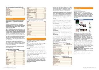 Why Australians open Permission-Based emails                                INDIGENOUS	STATUS	                                                                                 Other	than	shop,	more	than	one	quarter	(27%)	of	mobile	
                                                                                   NON	INDIGENOUS	               7,940	  64	                                          4,516	    36
       tyPe of SUBjeCt                                        % of AUStRALiAn
                                                                                   INDIGENOUS	                      51	  43	                                             68	    57    Australians	have	downloaded	videos	via	their	phones;	25%	                              ❚ CASe StUDy
       Line Content                                              ReSPonDentS
       FREE	PRODUCT	OFFER	                                                  68     LeVeL of hiGheSt eDUCAtionAL AttAinMent                                                            have	downloaded	games;	17%	have	watched	mobile	TV	
       DISCOUNT	OFFER	                                                      62     BACHELOR	DEGREE	OR	ABOVE	     2,479	  78	                                            705	    22
                                                                                                                                                                                      and 12% have used their phone to scan a bar code.                                     Client: Lion	Nathan	
                                                                                   ADVANCED	DIPLOMA	OR	DIPLOMA	  1,059	  72	                                            421	    28
       CONTAINS	FAMILIAR	BRAND	NAME	                                        47
                                                                                   CERTIFICATE	                  1,377	  63	                                            813	    37
                                                                                                                                                                                      (SoURCe: SenSiS)                                                                      Agency: Holler Sydney
       NEW	PRODUCT	ANNOUNCEMENT	                                            42
       CONTAINS	RECENT	PURCHASE	INFO	                                       38     yEAR	12	OR	BELOW	             2,951	  53	                                          2,575	    47                                                                                          Campaign: Beck's üBERSELEKTOR
       FREE	SHIPPING	OFFER	                                                 32     StAte oR teRRitoRy of USUAL ReSiDenCe                                                              Social networking for Australians isn't just conducted over                           objective: The challenge: bring Beck's positioning of
                                                                                   NEW	SOUTH	WALES	              2,488	  61	                                          1,594	    39
       CONTAINS	My	NAME	                                                    29
                                                                                   VICTORIA	                     2,031	  63	                                          1,198	    37
                                                                                                                                                                                      the	PC	–	they	are	getting	in	on	the	act	with	their	phones	                            "Different by choice" to life across its sponsorship of the
       TIME	OFFER	                                                          27
       BREAKING	INFO/NEWS	                                                  20     QUEENSLAND	                   1,647	  67	                                            824	    33    too, with 40% of mobile Australians using their phone to                              Melbourne, Adelaide, Perth and Sydney Festivals. Take into
       OTHER	                                                                6     SOUTH	AUSTRALIA	                570	  63	                                            335	    37    access	a	social	networking	site.	More	than	one	quarter	                               consideration that the audience is mostly out and about
                                                                                   WESTERN	AUSTRALIA	              829	  64	                                            458	    36
       (SoURCe: ePSiLon inteRnAtionAL)
                                                                                   TASMANIA	                       183	  68	                                             85	    32    (27%)	of	them	have	read	a	blog	via	their	mobiles;	12%	                                and wants to enjoy the best their city has to offer during
                                                                                   NORTHERN	TERRITORy	              66	  66	                                             34	    34    have actually written a blog using their phone; and 8%                                each Festival.
                                                                                   AUSTRALIAN	CAPITAL	TERRITORy	   177	  76	                                             56	    24
                                                                                   TOTAL	                        7,992	  64	                                          4,584	    36
                                                                                                                                                                                      have used Twitter specifically with their phones.
         ❚ e-CoMMeRCe
                                                                                                                                                                                      (SoURCe: SenSiS)
                                                                                   (SoURCe: ABS DeC 2009; SeLeCteD finDinGS; PeRSonS 15 AnD oVeR; USe of the inteRnet to PURChASe
                                                                                   oR oRDeR GooDS oR SeRViCeS–foR PRiVAte PURPoSeS in the LASt 12 MonthS–2008–09)


                                                                                                                                                                                      Young Australians are yet to get on board with mobile
       Around	8	million	internet	users	shopped	online	in	2009,	                    top online Retail Subcategories in Australia                                                       social networking, however. According to one survey of
       representing	64%	of	all	Australians	who	accessed	the	                       CAteGoRy                                                                             % ReACh
                                                                                                                                                                                      18-35	year	olds	who	use	social	media,	only	19%	of	them	in	
       internet.                                                                   RETAIL		                                                                                 57.5	
       (SoURCe: ABS)                                                               COMPARISON	SHOPPING		                                                                    18.2	     Australia are actually using their phones for this function.
                                                                                   BOOKS                                                                                    21.1      (SoURCe: teLeCoMASiA.net/iDC)

                                                                                   COMPUTER	HARDWARE		                                                                      22.4
       Australians	are	big	on	shopping	online.	Now,	85%	of	                        CONSUMER	ELECTRONICS		                                                                    8.2
                                                                                                                                                                                      The	take-up	of	3G	services	is	driving	the	demand	for	more	
       online Australians shop for books, DVDs, technology, sports                 COMPUTER	SOFTWARE		                                                                      12.1	
                                                                                   APPAREL		                                                                                10.9      sophisticated	mobile	services	in	the	country,	with	3G	and	
       and	travel	products	mostly	over	the	internet.	That	equals	                  HEALTH	CARE		                                                                             2.6      wireless	broadband	services	posting	a	162%	increase	in	
       around	11.98	million	people.                                                MALL                                                                                      2.4
       (SoURCe: GetPRiCe.CoM.AU/CoReDAtA)                                          FRAGRANCES/COSMETICS		                                                                    2.7	     June	2009	from	the	previous	year.	Now,	wireless	broadband	
                                                                                   RETAIL-MUSIC		                                                                            4.8	     subscribers	make	up	25%	of	all	internet	subscribers	in	
       Why	do	Australians	love	online	shopping	so	much?	It's	easy	                 RETAIL-FOOD		                                                                             3.6	
                                                                                                                                                                                      Australia.
                                                                                   DEPARTMENT	STORES		                                                                       6.3	
       and	can	avoid	the	crowds,	that's	why:	75%	of	online	users	                  TICKETS		                                                                                 7.1	
                                                                                                                                                                                      (SoURCe: MUMBReLLA/ACMA)


       in a survey said that convenience turned them on to online                  FLOWERS/GIFTS/GREETINGS		                                                                 5.1	
                                                                                   JEWELRy/LUXURy		                                                                                   There	were	12.28	million	3G	services	up	and	running	in	
       shopping;	78%	cited	the	ability	to	make	price	comparisons;	                 GOODS/ACCESSORIES		                                                                         3.2	   Australia	in	June	2009,	compared	with	8.55	million	in	June	
       and a solid 33% of them said they simply preferred the                      CONSUMER	GOODS		                                                                            0.9	
                                                                                   SPORTS/OUTDOOR		                                                                            4.6	   2008.                                                                                 Strategy: Rather than just filling online and offline
       opportunity to get away from people and to shop in peace.
       (SoURCe: GetPRiCe.CoM.AU/CoReDAtA)
                                                                                   HOME	FURNISHINGS		                                                                          3.0	   (SoURCe: MUMBReLLA/ACMA)
                                                                                                                                                                                                                                                                            media placements, Holler devised an additional stream
                                                                                   TOYS                                                                                        2.8
                                                                                                                                                                                                                                                                            of	digital	dialogue	and	content.	Using	the	moniker	of	
                                                                                   (SoURCe: CoMSCoReWoRLD MetRix, AUGUSt 2009)
                                                                                                                                                                                      One third of Australians use SMS as a mechanism to alert
       More	than	half	(51%)	of	online	shoppers	in	Australia	have	                                                                                                                                                                                                           üBERSELEKTOR, Beck's participated in many of the most
                                                                                                                                                                                      people to key events in their lives, such as the birth of a
       spent	more	than	AU$200	online	in	the	past	year,	with	a	                                                                                                                                                                                                              innovative communities online: Tumblr; Vimeo; Blip.fm;
                                                                                                                                                                                      baby or a promotion at work, according to one study. The
       similar proportion of them saying they purchased online at                                                                                                                                                                                                           SoundCloud; as well as the social media "standards" such
       least once a month.                                                           ❚ MoBiLe                                                                                         same study found that 44% of Australians send picture
                                                                                                                                                                                                                                                                            as Facebook; Flickr; YouTube and Twitter.
                                                                                                                                                                                      messages while travelling, while 33% did so when buying
                                                                                                                                                                                                                                                                            Details: Holler created event photos with a photo booth,
       (SoURCe: GetPRiCe.CoM.AU/CoReDAtA)

                                                                                   Annual mobile ad revenues in Australia are expected to                                             houses and at the birth of their children.
       The more money you have, the more likely you are to                                                                                                                                                                                                                  animations for VJaying, video art projected onto buildings
                                                                                   reach	AU$232	million	by	2013.                                                                      (SoURCe: teLeCoMPAPeR/teLStRA)


       shop. As much as 82% of Australians in the top household                    (SoURCe:B&t/PCW)                                                                                                                                                                         and	interviewed	participating	music	and	video	artists.	We	
                                                                                                                                                                                      how Australians feel About Mobile Ads                                                 offered real-time information from the venues, chatted
       income	bracket	shopped	online	in	2009	compared	to	42%	
                                                                                   SMS	can	now	pretty	much	be	called	ubiquitous,	with	99%	                                            AttitUDe toWARDS ADS                                        % of MoBiLe USeRS         with influential punters on Twitter as well as gave away
       in the lowest earning category.                                                                                                                                                                                                 AGRee        DiSAGRee Don't KnoW
       (SoURCe: ABS)                                                               of Australians now text messaging each other.                                                      I	WOULD	ACCEPT	ADS	ON	My	MOBILE	PHONE	IN	                                             VIP experiences via Facebook. All content was amplified
                                                                                   (SoURCe: DiGitAL MeDiA/MiCRoSoft)
                                                                                                                                                                                      EXCHANGE	FOR	FREE	MOBILE	CONTENT	OR	                                                  through the different Festival organisers and Beck's editorial
                                                                                                                                                                                      SPECIAL	OFFERS		                                     39		          50		        11	
       Australia's online gaming market is expected to be worth                                                                                                                                                                                                             and music partners MTV, Modular Records, InTheMix,
                                                                                   More	than	25%	of	all	Australians	aged	14	and	over	have	                                            I	WOULD	ACCEPT	ADS	ON	My	MOBILE	PHONE	IF	I	
       AU$2.2	billion	by	2013.                                                                                                                                                        COULD	OPT	OUT		                                      49		          42		         9	    FasterLouder and FutureClassic.
       (SoURCe: B&t/PWC)                                                           accessed the mobile internet at one point or another.                                              I	WOULD	ACCEPT	ADS	IF	THEy	DID	NOT	
                                                                                   (SoURCe: SenSiS)
                                                                                                                                                                                      IMPACT	ON	THE	PERFORMANCE	OF	My	PHONE		              47		          46		         8	
                                                                                                                                                                                                                                                                            Results: - Googling	the	term	"üBERSELEKTOR" led to ten
       Australia's online Shoppers in 2009                                                                                                                                            I	WOULD	ACCEPT	ADS	FROM	COMPANIES	                                                    pages of brand-owned search results.
                   USeD the inteRnet to PURChASe     DiD not USe the inteRnet to
                                                                                   Australian mobile users are more targeted than their PC                                            WHOM	I'VE	AGREED	TO	ACCEPT	ADS	FROM		                56		          37		         7	    -	A	photo	library	of	3,500	event	shots	that	Beck's	holds	the	
                                                                                                                                                                                      I	WOULD	ACCEPT	ADS	FROM	COMPANIES	WITH	
                               GooDS oR SeRViCeS    PURChASe GooDS oR SeRViCeS     predecessors, according to one survey. Mobile users there                                          WHOM	I	HAVE	PRE-EXISTING	RELATIONSHIP		              36		          52		        12	    rights to.
                                        '000  %                        '000   %
       AGe GRoUP (yeARS)                                                           like to get "straight down to business", with the top mobile                                       I	WOULD	ACCEPT	ADS	ON	My	MOBILE	PHONE		              25		          60		        16		   -	400	comments	and	360	'Likes'	on	Facebook	posts.
       15–17	                            303	 38	                      500	   62   activities involving either researching products and services,                                     I	WOULD	ACCEPT	ADS	THAT	OFFERED	ME	INCENTIVES		      44		          45		        11	
                                                                                                                                                                                                                                                                            -	1,600	'Tweets'	full	of	valuable	local	and	international	
       18–24	                          1,176	 63	                      701	   37                                                                                                      I	WOULD	ACCEPT	ADS	LINKED	TO	My	SPECIFIC	INTERESTS		 41		          48		        11	
       25–34	                          1,970	 75	                      673	   25
                                                                                   (41% of mobile internet users) or looking for the suppliers                                        I	WOULD	ACCEPT	ADS	FOR	FREE	OR	                                                       content.
       35–44	                          1,774	 68	                      850	   32   of	those	products	and	services	(36%).                                                              DISCOUNTED	CALLS	OR	TEXT	MESSAGES	                   52		           39		        9
                                                                                                                                                                                      (SoURCe: AiMiA)
       45–54	                          1,493	 65	                      802	   35   (SoURCe: SenSiS)

       55–64	                            910	 60	                      606	   40
       65	OR	OVER	                       366	 45	                      453	   55
                                                                                   Of	Australia's	mobile	shoppers,	25%	have	bought	a	                                                 What Australians do on the Mobile internet
       GenDeR                                                                                                                                                                         ACtiVity                                    % of MoBiLe USeRS ACCeSSinG inteRnet
       MALE	                           4,026	 64	                    2,243	   36   ringtone;	25%	have	conducted	mobile	banking;	19%	have	                                             INTERNET	BROWSING		                                                          68%	
       FEMALE	                         3,966	 63	                    2,341	   37   bought something with a credit card; 12% have ordered                                              ACCESSED	NEWS	UPDATES	                                                       50%	
       PeRSonAL inCoMe                                                                                                                                                                ACCESSED	WEATHER	UPDATES	                                                    48%
       LESS	THAN	$40,000	              3,210	 54	                    2,680	   46   a product or service over their phones; and 10% of them
                                                                                                                                                                                      SENT	OR	RECEIVED	EMAIL	                                                      44%	
       $40,000–$79,999	                2,636	 73	                      960	   27   have either bought or sold something on a mobile auction                                           ACCESSED	SPORT	UPDATES	                                                      32%	
       $80,000–$119,999	                 773	 79	                      210	   21
       $120,000	OR	OVER	                 470	 85	                       81	   15
                                                                                   site, according to one survey.                                                                     STREAMED	OR	DOWNLOADED	MUSIC		                                               23%	
                                                                                   (SoURCe: SenSiS)                                                                                   MADE VOIP CALLS                                                              22%
       COULD	NOT	BE	DETERMINED	          902	 58	                      652	   42                                                                                                      STREAMED	OR	DOWNLOADED	VIDEOS		                                              16%	
       eMPLoyMent StAtUS                                                                                                                                                              USED	MOBILE	TV		                                                             11%	
       EMPLOyED	                       6,484	 69	                    2,905	   31                                                                                                      NONE		                                                                        8%
       NOT	EMPLOyED	                   1,508	 47	                    1,679	   53                                                                                                      OTHER		                                                                       6%	
                                                                                                                                                                                      (SoURCe: ACMA APRiL 2009)




16 asia pacific digital marketing yearbook                                                                                                                                                                                                                                                               asia pacific digital marketing yearbook 17
 