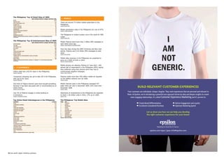 the Philippines' top 10 Retail Sites of 2009
                                             2009 AVeRAGe MonthLy UniqUe ViSitoRS ('000)              ❚ MoBiLe
       RETAIL	                                                                      1,870
       AMAZON	SITES	                                                                  621
       APPLE	WORLDWIDE	SITES	                                                         422
                                                                                                    There	are	around	73	million	mobile	subscribers	in	the	
       ALIBABA.COM	                                                                   175           Philippines.
       yAHOO!	SHOPPING	                                                               165           (SoURCe: BUDDe.CoM)

       HEWLETT	PACKARD	                                                                95
       WARESEEKER	                                                                     90           Mobile	penetration	rates	in	the	Philippines	are	now	at	87%.
       AMERICANGREETINGS	PROPERTy	                                                     86           (SoURCe: PyRAMiD ReSeARCh)
       SAMSUNG	GROUP	                                                                  56
       ZAZZLE	                                                                         47




                                                                                                                                                                                                    I
       SHOPPING.COM	SITES	                                                             42           The Philippines is ranked number one in the world for SMS
       (SoURCe: CoMSCoRe WoRLD MetRix; AUDienCe: ALL PeRSonS 15+ At PhiLiPPineS hoMe/WoRK
       LoCAtionS)                                                                                   usage.
                                                                                                    (SoURCe: BUDDe.CoM)


       the Philippines' top 10 entertainment Sites of 2009
                                          2009 AVeRAGe MonthLy UniqUe ViSitoRS ('000)
                                                                                                    Mobile Filipinos send more than 2 billion SMS messages to




                                                                                                                                                                                                   AM
       ENTERTAINMENT	                                                            3,570              each other every day.
       yOUTUBE	                                                                  2,597              (SoURCe: CoMPUteRWoRLD PhiLiPPineS/iMMAP)

       CBS	INTERACTIVE	                                                            850
       AOL	MUSIC	                                                                  660
       VEVO	                                                                       604
                                                                                                    Over	two	days	during	the	2009	Christmas	and	New	year	
       ITUNES	SOFTWARE	(APP)	                                                      566              period,	Filipinos	sent	2.63	billion	SMS	messages	to	each	




                                                                                                                                                                                                   NOT
       VIACOM	DIGITAL	                                                             456              other.
       GORILLA	NATION	                                                             354              (SoURCe: BMi/ACiSion)
       TURNER	SPORTS	&	ENTERTAINMENT	DIGITAL	NETWORK	                              342
       LYRICSMODE                                                                  311
       BREAK MEDIA                                                                 308              Mobile data revenues in the Philippines are projected to
       (SoURCe: CoMSCoRe WoRLD MetRix; AUDienCe: ALL PeRSonS 15+ At PhiLiPPineS hoMe/WoRK
       LoCAtionS)
                                                                                                    grow	at	a	CAGR	of	9.6%	in	2010.




                                                                                                                                                                                                 GENERIC.
                                                                                                    (SoURCe: PyRAMiD ReSeARCh)




                                                                                                    Mobile phones are allowing Filipinos to "save face", with
         ❚ e-CoMMeRCe                                                                               almost	half	of	respondents	in	the	Philippines	(49%)	saying	
                                                                                                    they preferred using their phones when they had to
       Online retail has a 40.2% reach in the Philippines.                                          communicate negative messages.
       (SoURCe: CoMSCoRe)                                                                           (SoURCe: MeDiA/SynoVAte)




       Comparison shopping has yet to take off in the Philippines,                                  Filipinos	made	more	than	459	million	mobile	ad	requests	
       with	just	8.5%	reach.                                                                        on	the	AdMob	network	over	Q4	2009.
       (SoURCe: CoMSCoRe)                                                                           (SoURCe: ADMoB)




       One third of Filipino internet users have bought something                                   Mobile	internet	users	in	the	Philippines	averaged	437	
       because it had been discussed with or recommended by an
       online friend.
                                                                                                    page	views	per	user	in	December	2009,	63%	more	than	
                                                                                                    December 2008.                                                             BUILD RELEVANT CUSTOMER EXPERIENCES
       (SoURCe: BRitiSh CoUnCiL)                                                                    (SoURCe: oPeRA)


                                                                                                                                                                  Your customers are individuals. Unique. Singular. They want experiences that are personal and relevant to
       Just 3% of Filipinos engage in online banking or                                             Shipments of smartphones to the Philippines are expected
       e-commerce.                                                                                  to	reach	1.36	million	units	in	2010,	17%	up	on	2009.          them. At Epsilon, we’re introducing a powerful new approach driven by data and deeper insights to create
       (SoURCe: teChnoGRAPh/yAhoo!)                                                                 (SoURCe: iDC)
                                                                                                                                                                     more engaging relationships. It’s called Customer Experience Marketing and it’s proven to:
       top online Retail Subcategories in the Philippines                                           the Philippines' top Mobile Sites
       CAteGoRy                                                                         % ReACh     RAnK     Site
       RETAIL                                                                               40.2    1        FACEBOOK                                                         Create Brand Differentiation                  Deliver Engagement and Loyalty
       COMPARISON	SHOPPING		                                                                 8.5	   2		      GOOGLE	
       BOOKS		                                                                              15.0    3		      FRIENDSTER	                                                      Accelerate Considered Purchase                Optimise Marketing Spend
       COMPUTER	HARDWARE		                                                                  10.8    4        YAHOO!
       CONSUMER	ELECTRONICS		                                                                4.8    5		      yOUTUBE	
       COMPUTER	SOFTWARE		                                                                  11.4    6		      WIKIPEDIA.ORG	
       APPAREL		                                                                             5.4    7		      SyMBIANIZE	                                                                  Let us show you how we can help you develop
       HEALTH	CARE		                                                                         1.7    8		      ZEDGE.NET	
       MALL                                                                                  0.4    9		      WIKIPEDIA.ORG	                                                               the right customer experience for your brand.
       FRAGRANCES/COSMETICS		                                                                0.9    10		     PINOyWAP.NET	
       RETAIL-MUSIC		                                                                        2.5    (SoURCe: oPeRA SoftWARe)

       RETAIL-FOOD		                                                                         0.5
       DEPARTMENT	STORES		                                                                   1.1
       TICKETS                                                                               0.4
       FLOWERS/GIFTS/GREETINGS			                                                            2.9
       JEWELRy/LUXURy	GOODS/ACCESSORIES		                                                    1.5
       CONSUMER	GOODS		                                                                      0.5
       SPORTS/OUTDOOR		                                                                      1.4
       HOME	FURNISHINGS		                                                                    0.8	
       TOYS                                                                                  1.4                                                                                              epsilon.com/apac | apac-info@epsilon.com
       (SoURCe: CoMSCoRe WoRLD MetRix, AUGUSt 2009)




52 asia pacific digital marketing yearbook                                                                                                                                                                                                     asia pacific digital marketing yearbook 53
 
