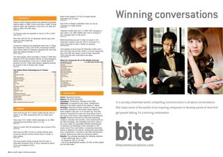 Nearly	three	quarters	(73.3%)	of	mobile	internet	
         ❚ e-CoMMeRCe                                                   subscribers	are	3G	users.
                                                                        (SoURCe: finD)


       Taiwan's online shopping market was expected to generate
       US$9.46	billion	in	2009,	30.4%	more	than	in	2008.	Of	that,	      Only 8.4% of Taiwan's advertisers have run any ad
       US$4.33	billion	was	expected	to	come	from	C2C	sales	and	         campaigns on mobile phones.
                                                                        (SoURCe: finD)
       US$5.12	billion	from	B2C	sales.
       (SoURCe: MiC)
                                                                        Taiwanese	mobile	users	sent	1.5	billion	SMS	messages	to	
       E-commerce	sales	are	expected	to	rise	by	21.5%	in	2010.          each	other	in	Q1	2009.	Mobile	users	sent	an	average	of	
       (SoURCe: MeDiA/iii)                                              58.5	messages	each	in	that	period.
                                                                        (SoURCe: nCC)


       More	than	half	(55.2%)	of	Taiwanese	internet	users	have	
       visited an online retail site.                                   Mobile advertising has yet to make an impact on the
       (SoURCe: CoMSCoRe)                                               Taiwanese customer, with only 14% of consumers in a
                                                                        study being able to recall a mobile ad campaign.
       Comparison shopping has established itself more in Taiwan        (SoURCe: MeDiA/tnS)


       than	elsewhere	in	Asia,	with	36.9%	of	Taiwanese	internet	
       users having visited a comparison shopping site, some way        Trust appears to be an issue for Taiwanese mobile users,
       above the regional average of 21.4%.                             with	more	than	half	of	them	(59%)	in	a	survey	saying	they	
       (SoURCe: CoMSCoRe)                                               don't	trust	SMS	ads.	Nearly	a	third	of	them	meanwhile	
                                                                        (32%) say they don't trust search ads either.
       The	most	popular	online	purchases	in	Taiwan	in	2009	were	        (SoURCe: MeDiA/tnS)


       expected	to	be	travel	products	(48.5%	of	online	shoppers);	
                                                                 	
       clothes and accessories (13%) and IT-related electronic          What the taiwanese do on the Mobile internet
                                                                        ACtiVitieS of 3G/3.5G           % of USeRS MoBiLe inteRnet USeRS
       products (10.2%). These three product categories account         INFORMATION	BROWSING	                                        43.0
       for	around	71.6%	of	Taiwan's	B2C	market.                         SEARCHING	                                                   37.0
       (SoURCe: MiC)                                                    SENDING/RECEIVING	EMAILS	                                    14.5
                                                                        DATA	UPLOAD	                                                 11.5
                                                                        ONLINE	ENTERTAINMENT	                                         9.0
       top online Retail Subcategories in taiwan                        RINGTONES	DOWNLOAD	                                           7.1
       CAteGoRy                                             % ReACh     MOBILE	GAMES	DOWNLOAD		                                       5.2
       RETAIL		                                                 55.2    MUSIC	DOWNLOAD	                                               5.0
       COMPARISON	SHOPPING		                                    36.9	   ONLINE	CHAT	                                                  4.5
       BOOKS		                                                  10.9    ONLINE	SHOPPING	                                              2.8
       COMPUTER	HARDWARE		                                       7.5    GPS	                                                          2.7
       CONSUMER	ELECTRONICS		                                   12.4    MMS	                                                          1.9
       COMPUTER	SOFTWARE		                                       9.5    FINANCIAL	TRANSACTION	                                        1.9
       APPAREL                                                   8.0    DATA	DOWNLOAD	                                                0.9
       HEALTH CARE                                               1.0    LIVE	GAME	BROADCAST	                                          0.6
       MALL		                                                    0.9    TICKET	SERVICES	RESERVATION	                                  0.2
       FRAGRANCES/COSMETICS		                                    7.0    (SoURCe: finD)
       RETAIL-MUSIC		                                            2.6
       RETAIL-FOOD                                               1.0
       DEPARTMENT	STORES		                                       0.6
       TICKETS                                                   1.8
       FLOWERS/GIFTS/GREETINGS			                                0.2      ❚ CASe StUDy
       JEWELRy/LUXURy	GOODS/ACCESSORIES		                        0.8
       CONSUMER	GOODS		                                          0.3
       SPORTS/OUTDOOR		                                          0.4
                                                                        Client: Paramount Pictures
       HOME	FURNISHINGS		                                        1.4    Agency: Microsoft Advertising
       TOyS		
       (SoURCe: CoMSCoRe WoRLD MetRix, AUGUSt 2009)
                                                                 0.7    Campaign: Transformers: Revenge of the Fallen
                                                                        objective: To promote its new movie, ‘Transformers:
                                                                        Revenge of the Fallen' ahead of the release in Taiwan.
                                                                        Strategy: Paramount Pictures wanted to create an online
         ❚ MoBiLe                                                       advertising campaign for the movie's target audience,
                                                                        which ranged in age from 12 to 38 years old. They also
       There	were	around	16.17	million	mobile	internet	users	in	        wanted to showcase the audio and visual effects used in
       Taiwan	in	Q1	2009,	representing	63%	of	mobile	users.             the movie, which were a major attraction for the audience.
       (SoURCe: nCC)

                                                                        Details: Paramount Pictures and Microsoft Advertising
       There	were	25.67	million	mobile	subscribers	in	Q1	2009,	         created a campaign that included: a skin advertisement on
       representing a penetration rate of 111.3%.                       the	MSN	homepage,	with	embedded	push	down	video	of	
       (SoURCe: nCC)
                                                                        the	movie	trailer;	an	expandable	300x600	advertisement	
                                                                        on	Windows	Live	Messenger,	which	expanded	to	a	full	
       Taiwan's	current	3G/3.5G	penetration	rate	is	around	6.6%.
       (SoURCe: finD)                                                   screen view of the movie trailer; an expanding skyscraper
                                                                        banner	in	Windows	Live	Hotmail,	showing	the	movie	trailer;	
       More than two fifths (20.3%) of mobile internet users            and	a	Transformers	2	microsite	on	the	MSN	entertainment	
       access the internet via their phones when in transit, or         channel, featuring the trailer and interactive options.
       when waiting.                                                    Results: The campaign generated the following response:
       (SoURCe: finD)
                                                                        -	A	high	clickthrough	rate	of	1.49%.
                                                                        -	An	interaction	rate	of	119.76%.
       The	most	popular	activity	amongst	3G/3.5G	users	is	
                                                                        -	Out	of	the	advertisement	viewers,	69.76%	of	them	played	
       information browsing (43% of users), followed by search
                                                                        the full video trailer.
       (37%)	and	emailing	(14.5%).	
       (SoURCe: finD)




64 asia pacific digital marketing yearbook                                                                                                  asia pacific digital marketing yearbook 65
 