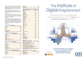 However, despite a 41% increase in the number of online
       advertisers	and	a	19%	increase	in	the	number	of	banner	
       ads, general display online ad revenues in Australia at end
                                                                                                     GORILLA	NATION	
                                                                                                     BREAK	MEDIA	NETWORK	
                                                                                                     AOL	MUSIC	
                                                                                                                                                                                          1,229
                                                                                                                                                                                          1,123
                                                                                                                                                                                            965
                                                                                                                                                                                                      The Institute of
                                                                                                                                                                                                    Digital Enlightenment
                                                                                                     UGO	ENTERTAINMENT	                                                                     944
                                                                                                     (SoURCe: CoMSCoRe WoRLD MetRix; AUDienCe: ALL PeRSonS 15+ At AUStRALiA hoMe/WoRK LoCAtionS)
       of	Q3	fell	by	5%	compared	to	the	same	quarter	in	2008.
       (SoURCe: DiGitAL MeDiA/nieLSen)
                                                                                                     Australian General Display online Ad Spend 2009
                                                                                                     ADVeRtiSeR inDUStRy CAteGoRy                                   AU$ ('000) % of SPenD
       The drop in display ad revenue could be down to one                                           FINANCE		                                                           94,654		    19.01
       thing: Australians are among the least likely in the world                                    MADE	UP	OF:	
       to actually click on general display ads, according to one                                    -	BUSINESS	BANKING		                                                  4,271		          0.86	
                                                                                                     -	CREDIT	CARDS		                                                     19,435		          3.90	
       survey.                                                                                       -	HOME	LOANS		                                                       27,160		          5.45	
       (SoURCe: DiGitAL MeDiA/nieLSen)
                                                                                                     -	SUPERANNUATION		                                                    1,724		          0.35	
                                                                                                     -	PERSONAL	BANKING		                                                 21,095		          4.24	
       Australians may not like clicking on many online ads, but a
                                                                                                                                                                                                          Become one of the most skilled digital
                                                                                                     -	WEALTH	MANAGEMENT		                                                 6,772		          1.36	
                                                                                                     -	OTHER		                                                            14,197		          2.85	
       lot of them remember them. One third of internet users are                                    COMPUTERS	&	COMMUNICATION		                                          63,365		         12.72	
       able to recall the ad when asked and 41% of them can link                                     MADE	UP	OF:	


                                                                                                                                                                                                      marketing practitioners in the world and have a
                                                                                                     -	COMPUTER	HARDWARE		                                                21,543		         4.33	
       the brand to an un-branded ad.
       (SoURCe: nieLSen)
                                                                                                     -	COMPUTER	SOFTWARE		                                                 5,344		         1.07	
                                                                                                     -	TELECOMMUNICATIONS		                                               28,797		         5.78	
                                                                                                     -	INTERNET/ISP		                                                      7,681		         1.54	
       The search advertising market in Australia saw growth rates
       of	30%	in	the	year	2008/9	and	is	projected	to	grow	at	a	
                                                                                                     MOTOR	VEHICLES		
                                                                                                     MADE	UP	OF:	
                                                                                                     -	INTERNET	SITES		
                                                                                                                                                                          62,051		

                                                                                                                                                                           3,197		
                                                                                                                                                                                          12.46	

                                                                                                                                                                                           0.64	
                                                                                                                                                                                                           professional qualification to prove it!
       slower	CAGR	of	20%	until	2014.	Online	directories	revenue	                                    -	MANUFACTURERS		                                                    51,347		        10.31	
       grew by 21% in the same year, slightly lower than the 22%                                     -	DEALERS		                                                           1,734		         0.35	
                                                                                                     -	OTHER		                                                             5,773		         1.16	
       growth	rates	seen	in	2007/8.	The	online	directories	market	                                   TRAVEL/ACCOMMODATION		                                               35,290		         7.09	
       is	expected	to	sustain	CAGR	of	15%	between	2010	and	                                          MADE	UP	OF:	
       2014.                                                                                         -	FLIGHTS		                                                          13,098		          2.63	
       (SoURCe: fRoSt & SULLiVAn)                                                                    -	ACCOMMODATION		                                                     7,823		          1.57	
                                                                                                     - CAR HIRE                                                            1,044            0.21
                                                                                                     -	HOLIDAy	PACKAGES/AGENTS		                                           3,933		          0.79	
       Australia's top Sites for 2009                                                                -	OTHER		                                                             9,392		          1.89	
                                             2009 AVeRAGe MonthLy UniqUe ViSitoRS ('000)             ENTERTAINMENT	&	LEISURE		                                            38,882		          7.81	
       GOOGLE	SITES	                                                              10,547             MADE	UP	OF:	
       MICROSOFT	SITES	                                                             9,668            -	MUSIC		                                                             1,901		          0.38	
       FACEBOOK	                                                                    6,648            -	MOVIES		                                                           14,045		          2.82	
       yAHOO!	SITES	                                                                5,731            -	GAMES/CONSOLES		                                                    4,439		          0.89	
       EBAy	                                                                        4,953            -	OTHER		                                                            18,497		          3.71	
       APPLE			                                                                     4,185            MEDIA	                                                               21,465		          4.31	
       TELSTRA                                                                      4,103            FMCG		                                                               26,604		          5.34	
       FOX	INTERACTIVE	MEDIA	                                                       4,072            MADE	UP	OF:	
       WIKIMEDIA	FOUNDATION	SITES	                                                  3,940            -	FOOD		                                                             12,786		          2.57	
       NEWS	INTERACTIVE	                                                            3,125            -	BEVERAGES	(NON-ALCOHOLIC)		                                         6,365		          1.28	
       (SoURCe: CoMSCoRe WoRLD MetRix; AUDienCe: ALL PeRSonS 15+ At AUStRALiA hoMe/WoRK LoCAtionS)
                                                                                                     -	OTHER		                                                             7,453		          1.50	
                                                                                                     REAL	ESTATE		                                                        20,273		          4.07	
       Australia's top Gaming Sites for 2009                                                         RETAIL		                                                             17,831		          3.58	
                                           2009 AVeRAGe MonthLy UniqUe ViSitoRS ('000)               INSURANCE		                                                          15,917		          3.20	
       ONLINE	GAMING	                                                           4,230                HEALTH,	BEAUTy,	PHARMACEUTICALS		                                    22,938		          4.61	
       WILDTANGENT	NETWORK	                                                        950               GOVERNMENT		                                                         20,201		          4.06	
       MINICLIP	                                                                   803               OTHER		                                                              25,858		          5.19	
       NICKELODEON	CASUAL	GAMES	                                                   582               RECRUITMENT		                                                         7,081		          1.42	
       MSN	GAMES	                                                                  560               ALCOHOLIC	BEVERAGES	                                                  7,968		          1.60	
       EA	ONLINE	                                                                  383               EDUCATION	&	LEARNING		                                                8,366		          1.68	
       DISNEy	GAMES	                                                               362               HOME	PRODUCTS	&	SERVICES		                                            3,459		          0.69	
       SPIL	GAMES	                                                                 269               COMMUNITy/PUBLIC	SERVICE		                                            4,762		          0.96	
       WORLD	OF	WARCRAFT	(APP)	                                                    261               OFFICE	&	BUSINESS	EQUIPMENT		                                         1,035		          0.21
                                                                                                     (SoURCe: iAB/PWC)
       UNIVERSAL	MULTIPLAyER	GAME	ENTERTAINMENT	                                   256
       AOL	GAMES	                                                                  226
       (SoURCe: CoMSCoRe WoRLD MetRix; AUDienCe: ALL PeRSonS 15+ At AUStRALiA hoMe/WoRK LoCAtionS)   how Australians Define Spam
                                                                                                     Definition                                           % of AUStRALiAn ReSPonDentS
       Australia's top Retail Sites for 2009                                                         EMAILS	THAT	INTEND	TO	TRICK	ME	INTO	OPENING	THEM	                                85
                                              2009 AVeRAGe MonthLy UniqUe ViSitoRS ('000)            EMAILERS	FROM	SENDERS	WHO	ARE	UNKNOWN	TO	ME	                                     76
       RETAIL	                                                                      7,201            ANy	EMAIL	I	RECEIVE	THAT	I	DID	NOT	ASK	FOR	OR	SUBSCRIBE	TO	                      77
       AMAZON	SITES	                                                               2,288             EMAILS	OF	AN	OFFENSIVE	SUBJECT	MATTER	                                           74
       APPLE	WORLDWIDE	SITES	                                                      2,100             ANy	EMAIL	SENT	TO	ME	FROM	A	SENDER	WHO	IS	NOT	ON	My	ADDRESS
       COLES	GROUP			                                                                 944            BOOK	OR	APPROVED	SENDER	LIST	                                                    43
       SHOPPING.COM	SITES	                                                            911            ALL	EMAILS	THAT	ARE	FILTERED	INTO	THE	JUNK	MAILBOX	                              46
       WOOLWORTHS		                                                                   828            AN	EMAIL	FROM	A	COMPANy	I	MAy	HAVE	GIVEN	PERMISSION	TO	SEND	ME
       GETPRICE.COM.AU	                                                               515            MAIL	AT	ONE	TIME,	BUT	THAT	I	NO	LONGER	WISH	TO	RECEIVE	                          35
       TICKETEK	                                                                      490            ANy	EMAIL	I	RECEIVE	THAT	I	DON'T	WANT,	REGARDLESS	OF	WHETHER	I	SUBSCRIBED	       38
       AMERICANGREETINGS	PROPERTy	                                                    409            EMAILS	FROM	COMPANIES	I	HAVE	A	RELATIONSHIP	WITH	OFFLINE,	BUT	TO	
       DEALSDIRECT.COM.AU	                                                            381            WHOM	I	NEVER	GAVE	PERMISSION	TO	CONTACT	ME	VIA	EMAIL	                            41
                                                                                                     EMAILS	FROM	A	COMPANy	I	HAVE	DONE	BUSINESS	WITH	BUT	THAT	COME	TOO	FREQUENTLy	 31
       MySHOPPING.COM.AU	                                                             343
       (SoURCe: CoMSCoRe WoRLD MetRix; AUDienCe: ALL PeRSonS 15+ At AUStRALiA hoMe/WoRK LoCAtionS)   ANy	EMAIL	THAT	TRIES	TO	SELL	ME	A	PRODUCT	OR	SERVICE,	EVEN	IF	I	KNOW	THE	SENDER	
                                                                                                     (SoURCe: ePSiLon inteRnAtionAL)
                                                                                                                                                                                      23                                   For more information, and to request
       Australia's top entertainment Sites for 2009
                                              2009 AVeRAGe MonthLy UniqUe ViSitoRS ('000)
                                                                                                     Why Australians Unsubscribe from emails                                                                                 your course prospectus, email to
       ENTERTAINMENT	
       yOUTUBE	
                                                                                   9,131
                                                                                    5,749
                                                                                                     ReASon
                                                                                                     IRRELEVANT	CONTENT	
                                                                                                     RECEIVE	TOO	FREQUENTLy	
                                                                                                                                                            % of AUStRALiAn ReSPonDentS
                                                                                                                                                                                     72
                                                                                                                                                                                     59             In association with:
                                                                                                                                                                                                                               education@asiadma.com or
                                                                                                                                                                                                                               visit www.theidm.com/adma
       ITUNES	SOFTWARE	(APP)	                                                      3,537
       CBS	INTERACTIVE	                                                             2,758            THINK	ADDRESS	BEING	SHARED/SOLD	                                                40
       VIACOM	DIGITAL	                                                             1,595             DON'T	RECALL	SIGNING	UP	                                                        38
       VEVO	                                                                       1,347             PRIVACy	CONCERNS	                                                               29
                                                                                                     (SOURCE:	EPSILON	INTERNATIONAL)
       IMDB	                                                                       1,292




14 asia pacific digital marketing yearbook                                                                                                                                                                                                                asia pacific digital marketing yearbook 15
 