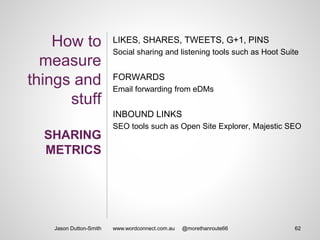 How to
measure
things and
stuff
SHARING
METRICS
LIKES, SHARES, TWEETS, G+1, PINS
Social sharing and listening tools such as Hoot Suite
FORWARDS
Email forwarding from eDMs
INBOUND LINKS
SEO tools such as Open Site Explorer, Majestic SEO
Jason Dutton-Smith 62www.wordconnect.com.au @morethanroute66
 