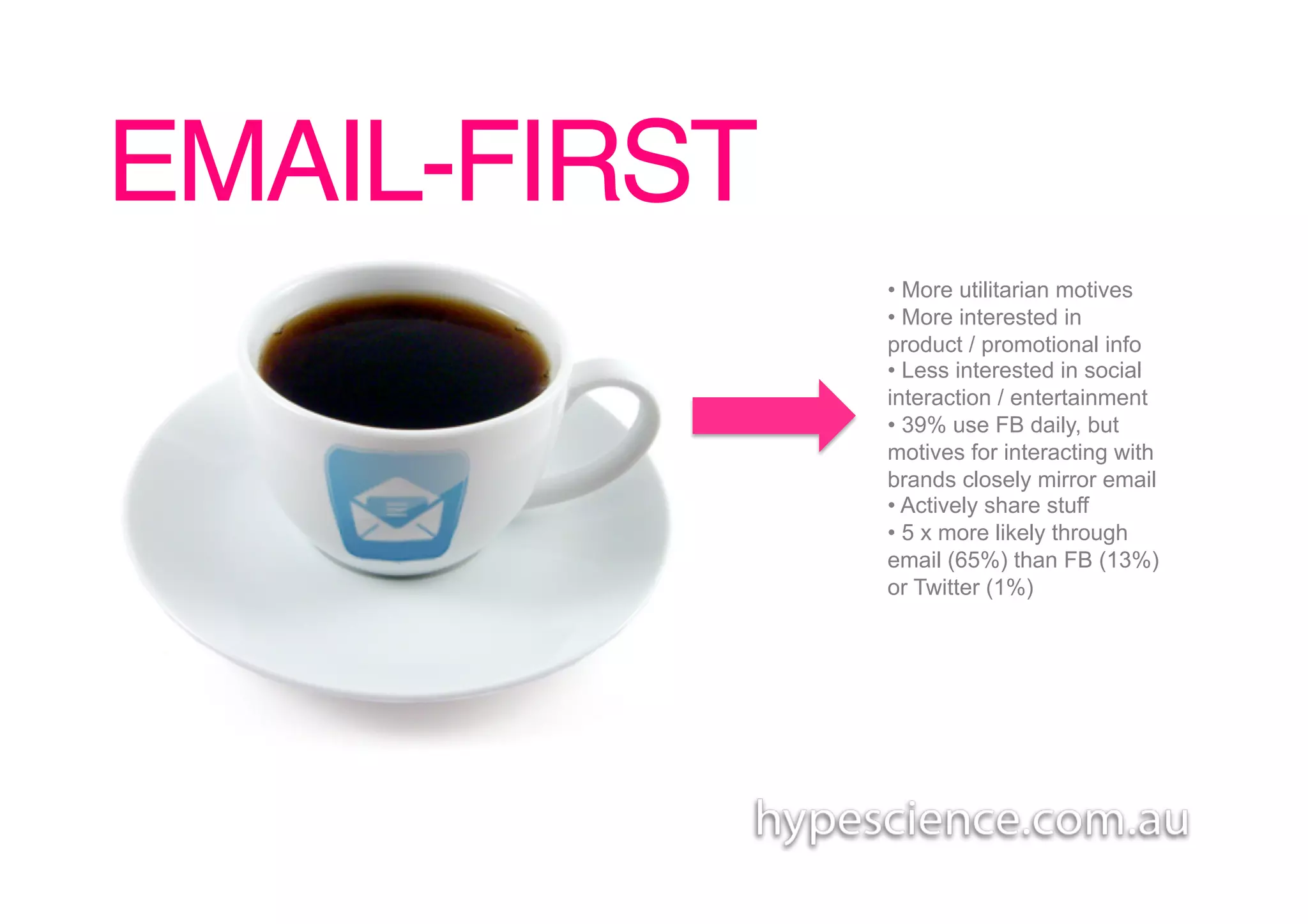 EMAIL-FIRST!
               •  More utilitarian motives
               •  More interested in
               product / promotional info
               •  Less interested in social
               interaction / entertainment
               •  39% use FB daily, but
               motives for interacting with
               brands closely mirror email
               •  Actively share stuff
               •  5 x more likely through
               email (65%) than FB (13%)
               or Twitter (1%)
 
