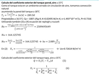 Calculo del coeficiente exterior del tanque pared, aire a 15°C
Como el tanque esta en un ambiente cerrado sin circulación de aire, tomamos convección
natural
asumiendo la pared del tanque a 18°C
Propiedades a 16.5°C: Cp = 1007 J/Kg-K; K=0.02495 W/m-K; ν=1.493*10-5 m2/s, Pr=0.7316
Utilizando también (3) y (4) ecuación de rayleigh y nusselt
→
En (2) Uo=0.72614 W/m2-K→
Calculo del coeficiente exterior del tanque tapa, aire a 15°C
 