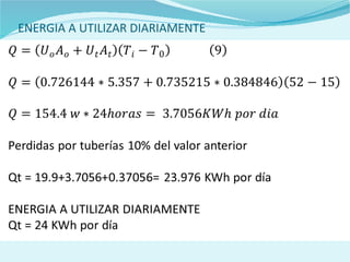 ENERGIA A UTILIZAR DIARIAMENTE
Perdidas por tuberías 10% del valor anterior
Qt = 19.9+3.7056+0.37056= 23.976 KWh por día
ENERGIA A UTILIZAR DIARIAMENTE
Qt = 24 KWh por día
 
