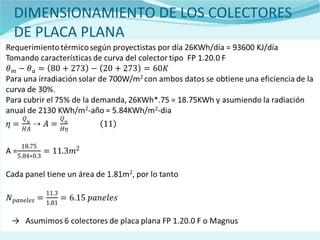 DIMENSIONAMIENTO DE LOS COLECTORES
DE PLACA PLANA
Requerimiento térmico según proyectistas por día 26KWh/día = 93600 KJ/día
Tomando características de curva del colector tipo FP 1.20.0 F
Para una irradiación solar de 700W/m2 con ambos datos se obtiene una eficiencia
de la curva de 30%.
Para cubrir el 75% de la demanda, 26KWh*.75 = 18.75KWh y asumiendo la
radiación anual de 2130 KWh/m2-año = 5.84KWh/m2-dia
A =
Cada panel tiene un área de 1.81m2, por lo tanto
→ Asumimos 6 colectores de placa plana FP 1.20.0 F o Magnus
 