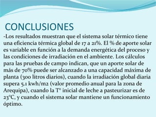 CONCLUSIONES
-Los resultados muestran que el sistema solar térmico tiene
una eficiencia térmica global de 17 a 21%. El % de aporte solar
es variable en función a la demanda energética del proceso y
las condiciones de irradiación en el ambiente. Los cálculos
para las pruebas de campo indican, que un aporte solar de
más de 70% puede ser alcanzado a una capacidad máxima de
planta (300 litros diarios), cuando la irradiación global diaria
supera 5.1 kwh/m2 (valor promedio anual para la zona de
Arequipa), cuando la T° inicial de leche a pasteurizar es de
23°C, y cuando el sistema solar mantiene un funcionamiento
óptimo.
 