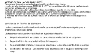 METODO DE EVALUACION POR PUNTOS
También se denomina método de evaluación por factores y puntos
creado por el estado unidense MERRILL R. LOTT se convirtió en el método de evaluación de
cargo mas utilizado en la empresas
Es el mas perfeccionado y utilizado de todo los métodos puesto en este libro
también es una técnica cuantitativa se asignan valores numéricos (puntos) a cada elemento o
aspecto del cargo y se obtiene un valor total de la suma de valores numéricos
El método de evaluación de puntos se basa en el análisis de cargo y existen las siguientes
etapas
1Eleccion de los factores de evaluación
Los factores de evaluación son los mismo factores de especificaciones escogidos para el
programa de análisis de cargo
Los factores de evaluación se clasifican en 4 grupos de factores
a. Requisito intelectual .en cuanto las característica intelectual de los ocupante
b. Requisito físico. La característica física del ocupante
c. Responsabilidad implícita. En cuanto a aquello por lo que el ocupante debe responder
d. Condiciones de trabajo . Condiciones física bajo las cuales el ocupante desempeñe el
cargo
 