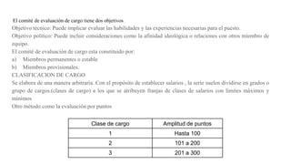 El comité de evaluación de cargo tiene dos objetivos
Objetivo técnico: Puede implicar evaluar las habilidades y las experiencias necesarias para el puesto.
Objetivo político: Puede incluir consideraciones como la afinidad ideológica o relaciones con otros miembro de
equipo.
El comité de evaluación de cargo esta constituido por:
a) Miembros permanentes o estable
b) Miembros provisionales.
CLASIFICACION DE CARGO
Se elabora de una manera arbitraria. Con el propósito de establecer salarios , la serie suelen dividirse en grados o
grupo de cargos.(clases de cargo) a los que se atribuyen franjas de clases de salarios con limites máximos y
mínimos
Otro método como la evaluación por puntos
Clase de cargo Amplitud de puntos
1 Hasta 100
2 101 a 200
3 201 a 300
 