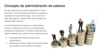 Concepto de administración de salarios
En las organizaciones cada cargo tiene su valor
individual , solo se puede remunerar con justicia y
equidad al ocupante del cargo , si se conoce el
valpr del cargo en relacióna los otros cargos y la
situación del mercado.
La administración de salarios se puede definir
como un conjunto de normas y procedimientos
tendientes a establecer o mantener estructura de
salarios equitativas y justas en las organizaciones.
● Respecto a los demas cargos de la
organización
● Respecto al mismo cargo en otras empresas
que actúan en el mercado de trabajp
 