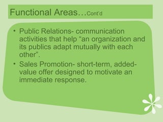 Functional Areas… Cont’d Public Relations- communication activities that help “an organization and its publics adapt mutually with each other”. Sales Promotion- short-term, added-value offer designed to motivate an immediate response. 