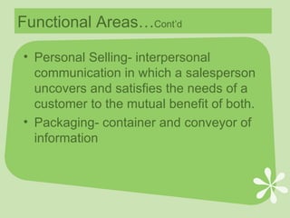 Functional Areas… Cont’d Personal Selling- interpersonal communication in which a salesperson uncovers and satisfies the needs of a customer to the mutual benefit of both. Packaging- container and conveyor of information 