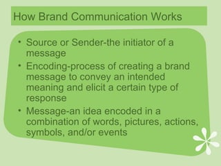 How Brand Communication Works Source or Sender-the initiator of a message Encoding-process of creating a brand message to convey an intended meaning and elicit a certain type of response Message-an idea encoded in a combination of words, pictures, actions, symbols, and/or events 