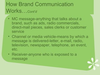 How Brand Communication Works… Cont’d MC message-anything that talks about a brand, such as ads, radio commercials, direct-mail pieces, sales clerks or customer service Channel or media vehicle-means by which a message is delivered-letter, e-mail, radio, television, newspaper, telephone, an event, etc. Receiver-anyone who is exposed to a message 
