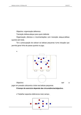 Modelo de treino AD Marco’09 2012/13
Objectivo: organização defensiva
Transição defesa-ataque para quem defende
Organização ofensiva e movimentações com transição ataque-defesa
quando sem bola.
Ter a preocupação de colocar as balizas pequenas numa situação que
permita gerar linha de passe quando no jogo.
•
Objectivo: sair a
jogar em pressão colocando a bola nas balizas pequenas.
O tempo do exercício depende das circunstâncias/objectivo.
• Trabalhar aspectos defensivos meio campo.
12
 