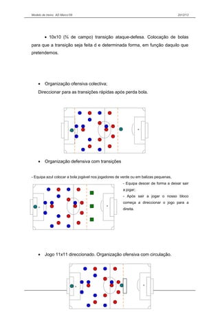 Modelo de treino AD Marco’09 2012/13
• 10x10 (¾ de campo) transição ataque-defesa. Colocação de bolas
para que a transição seja feita d e determinada forma, em função daquilo que
pretendemos.
• Organização ofensiva colectiva;
Direccionar para as transições rápidas após perda bola.
• Organização defensiva com transições
- Equipa azul colocar a bola jogável nos jogadores de verde ou em balizas pequenas,
- Equipa descer de forma a deixar sair
a jogar;
- Após sair a jogar o nosso bloco
começa a direccionar o jogo para a
direita.
• Jogo 11x11 direccionado. Organização ofensiva com circulação.
16
 