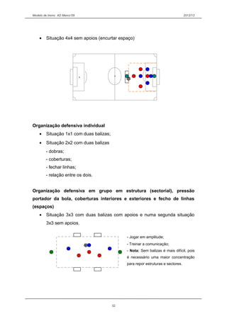 Modelo de treino AD Marco’09 2012/13
• Situação 4x4 sem apoios (encurtar espaço)
Organização defensiva individual
• Situação 1x1 com duas balizas;
• Situação 2x2 com duas balizas
- dobras;
- coberturas;
- fechar linhas;
- relação entre os dois.
Organização defensiva em grupo em estrutura (sectorial), pressão
portador da bola, coberturas interiores e exteriores e fecho de linhas
(espaços)
• Situação 3x3 com duas balizas com apoios e numa segunda situação
3x3 sem apoios.
- Jogar em amplitude;
- Treinar a comunicação;
- Nota: Sem balizas é mais difícil, pois
é necessário uma maior concentração
para repor estruturas e sectores.
32
 