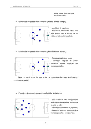 Modelo de treino AD Marco’09 2012/13
• Exercícios de passe inter-sectores (defesa e meio-campo).
- Mobilidade de jogadores;
- Pivot mexe, não recebe a bola para
abrir espaço para a entrada de um
médio do lado contrário da bola.
• Exercícios de passe inter-sectores (meio-campo e ataque).
- Troca de posição após passe;
- Recepção seguida de passe,
mantendo sempre ocupação dos
espaços/ posições.
Bola no pivot, troca de bola entre os jogadores dispostos em losango
com finalização 6x0.
• Exercício de passe inter-sectores D/MC e MC/Ataque
- Bola sai do GR, entra num jogadores
e depois circula na defesa, entrando de
seguida no MC;
- Treinar posicionalmente os jogadores;
- Realizar o exercício sem oposição e
numa segunda fase com oposição.
7
Passe, passe, roda com bola,
seguido condução.
 