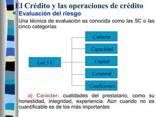 El Crédito y las operaciones de crédito Evaluación del riesgo Una técnica de evaluación es conocida como las 5C o las cinco categorías a) Carácter:  cualidades del prestatario, como su honestidad, integridad, experiencia. Aún cuando no es cuantificable es de los más importantes Las 5 C Carácter Capacidad Capital Colateral Condiciones 