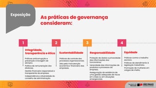 Exposição
1 2 3 4
Sustentabilidade
Práticas de controle dos
processos organizacionais.
Zelo pela manutenção
econômico-financeira das
empresas.
Equidade
Práticas contra o trabalho
escravo.
Práticas de atendimento à
legislação trabalhista.
Promoção de mulheres em
cargos de chefia.
Integridade,
transparência e ética
Práticas anticorrupção e
prevenção à lavagem de
dinheiro.
Política de remuneração dos
diretores.
Gestão financeira responsável e
transparente da empresa.
Independência e diversidade do
conselho de administração.
Responsabilidade
Proteção de dados e privacidade
das informações dos
funcionários.
Veracidade das informações de
produtos e processos da
empresa.
Asseguração da existência de
uma gestão adequada de riscos
em crises ou em situações
emergenciais.
As práticas de governança
consideram:
 