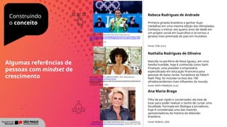 Construindo
o conceito
Rebeca Rodrigues de Andrade
Primeira ginasta brasileira a ganhar duas
medalhas em uma mesma edição das Olimpíadas.
Começou a treinar aos quatro anos de idade em
um projeto social em Guarulhos e se tornou a
ginasta mais premiada do país em mundiais.
Nathália Rodrigues de Oliveira
Nascida na periferia de Nova Iguaçu, em uma
família humilde, hoje é conhecida como Nath
Finanças: uma youtuber e empresária
especializada em educação financeira para
pessoas de baixa renda. Fundadora da Edtech
Nath Play, foi incluída na lista dos 100
afrodescendentes mais influentes do mundo.
Ana Maria Braga
Filha de pai rígido e conservador, ela teve de
lutar para poder realizar o sonho de cursar uma
faculdade. Formada em Biologia e Jornalismo,
hoje é considerada uma das maiores
apresentadoras da história da televisão
brasileira.
Reprodução – ANA MARIA BRAGA/RECEITAS, [s.d.]. Disponível em:
https://receitas.globo.com/ana-maria-braga/. Acesso em: 4 jul. 2024
Algumas referências de
pessoas com mindset de
crescimento Reprodução – PEDRO CAMPOS/FORBES, 2022. Disponível em:
https://forbes.com.br/forbes-money
/2022/11/influenciadora-nath-financas-lanca-streaming-sobre-educac
ao-financeira/
. Acesso em: 28 jun. 2024.
Fonte: COB, [s.d.].
Fonte: NATH FINANÇAS, [s.d.].
Fonte: NOBUO, 2020.
Reprodução - MIRIAM JESKE/COB, 2024. Disponível em:
https://www.cob.org.br/pt/galerias/noticias/a-um-mes-de-paris-2024-
time-brasil-ja-conta-com-56-medalhistas-em-mundiais-ou-jogos-olim
picos/.
Acesso em: 4 jul. 2024.
 