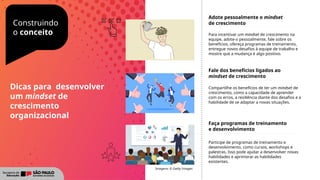 Construindo
o conceito
Dicas para desenvolver
um mindset de
crescimento
organizacional
Adote pessoalmente o mindset
de crescimento
Para incentivar um mindset de crescimento na
equipe, adote-o pessoalmente, fale sobre os
benefícios, ofereça programas de treinamento,
entregue novos desafios à equipe de trabalho e
mostre que a mudança é algo positivo.
Fale dos benefícios ligados ao
mindset de crescimento
Compartilhe os benefícios de ter um mindset de
crescimento, como a capacidade de aprender
com os erros, a resiliência diante dos desafios e a
habilidade de se adaptar a novas situações.
Faça programas de treinamento
e desenvolvimento
Participe de programas de treinamento e
desenvolvimento, como cursos, workshops e
palestras. Isso pode ajudar a desenvolver novas
habilidades e aprimorar as habilidades
existentes.
Imagens: © Getty Images
 