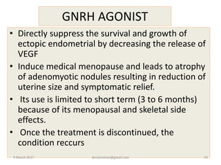 GNRH AGONIST
• Directly suppress the survival and growth of
ectopic endometrial by decreasing the release of
VEGF
• Induce medical menopause and leads to atrophy
of adenomyotic nodules resulting in reduction of
uterine size and symptomatic relief.
• Its use is limited to short term (3 to 6 months)
because of its menopausal and skeletal side
effects.
• Once the treatment is discontinued, the
condition reccurs
9 March 2017 drrejimohan@gmail.com 33
 