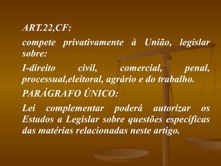 ART.22,CF: compete privativamente à União, legislar sobre: I-direito civil, comercial, penal, processual,eleitoral, agrário e do trabalho. PARÁGRAFO ÚNICO: Lei complementar poderá autorizar os Estados a Legislar sobre questões específicas das matérias relacionadas neste artigo. 